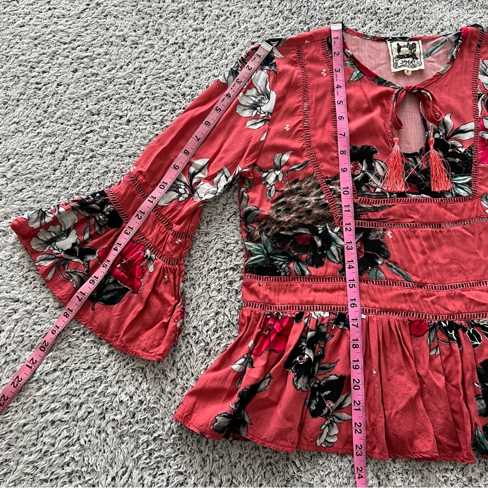 Jaase Floral Print Tassel Front Tie Bell Sleeve Top - Picture 6 of 10